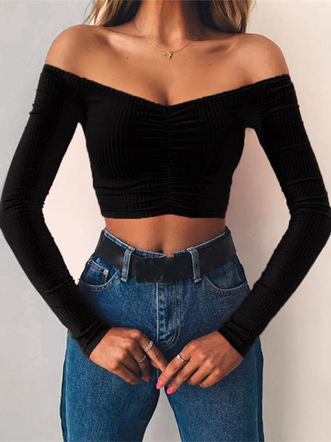 off shoulder solid color T-shirt