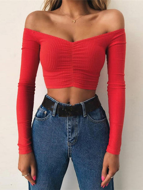 off shoulder solid color T-shirt