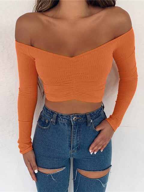 off shoulder solid color T-shirt