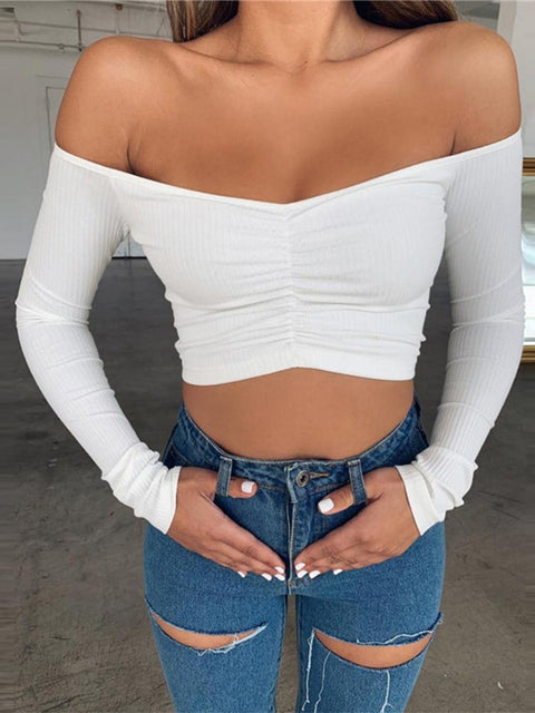 off shoulder solid color T-shirt