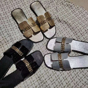 Classic Designer New 2021 Women Flat Flip Flops Double Chain Sandal Slippers Shoes Women Lady Flats Slippers Sandals Shoes Woman