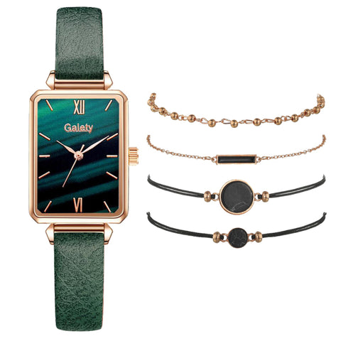 Square Green Dial Leather Watch