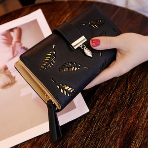 Women Wallet PU Leather Purse Female Long Wallet Gold Hollow Leaves Pouch Handbag for Women Coin Purse Card Holders Clutch